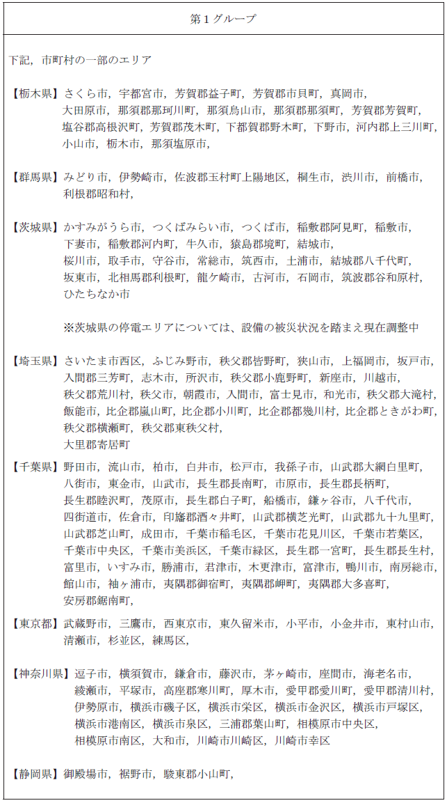 【計画停電】15日(火)の時間帯・市町村